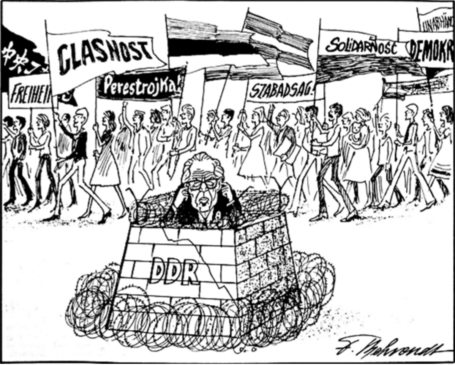 Karikatur: Mann in DDR-Bunker mit Stacheldraht, im Hintergrund demonstrierende Menschen mit Transparenten (Glasnost, Perestrojka)